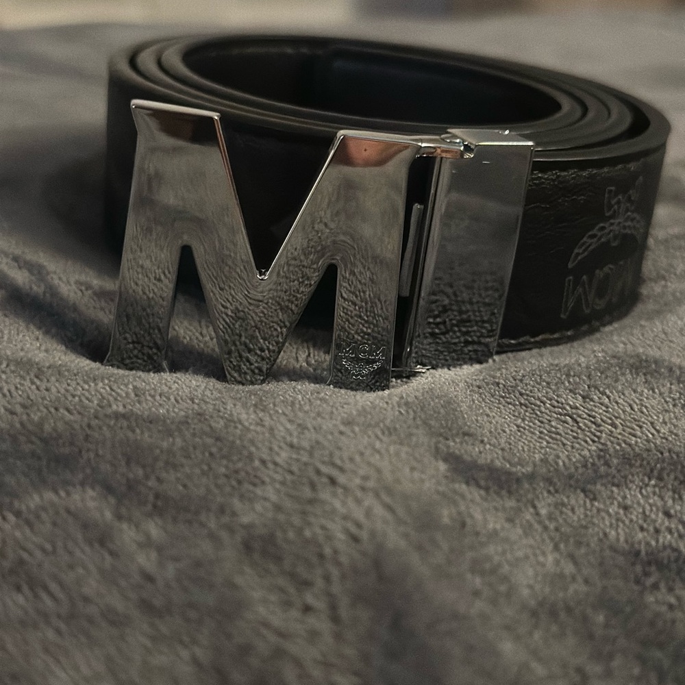 Black MCM Belt with Silver M Buckle